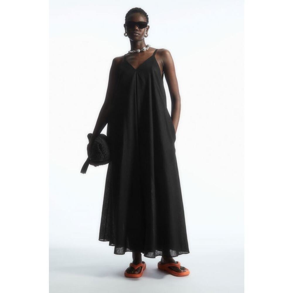 COS Pleated V-Neck Linen Midi Dress black size 2